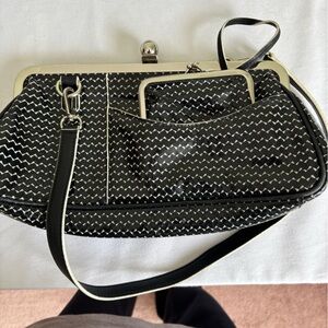 Sondra Roberts 90s Black White Patent Zigzag Bag w Coin Purse Pink Lining